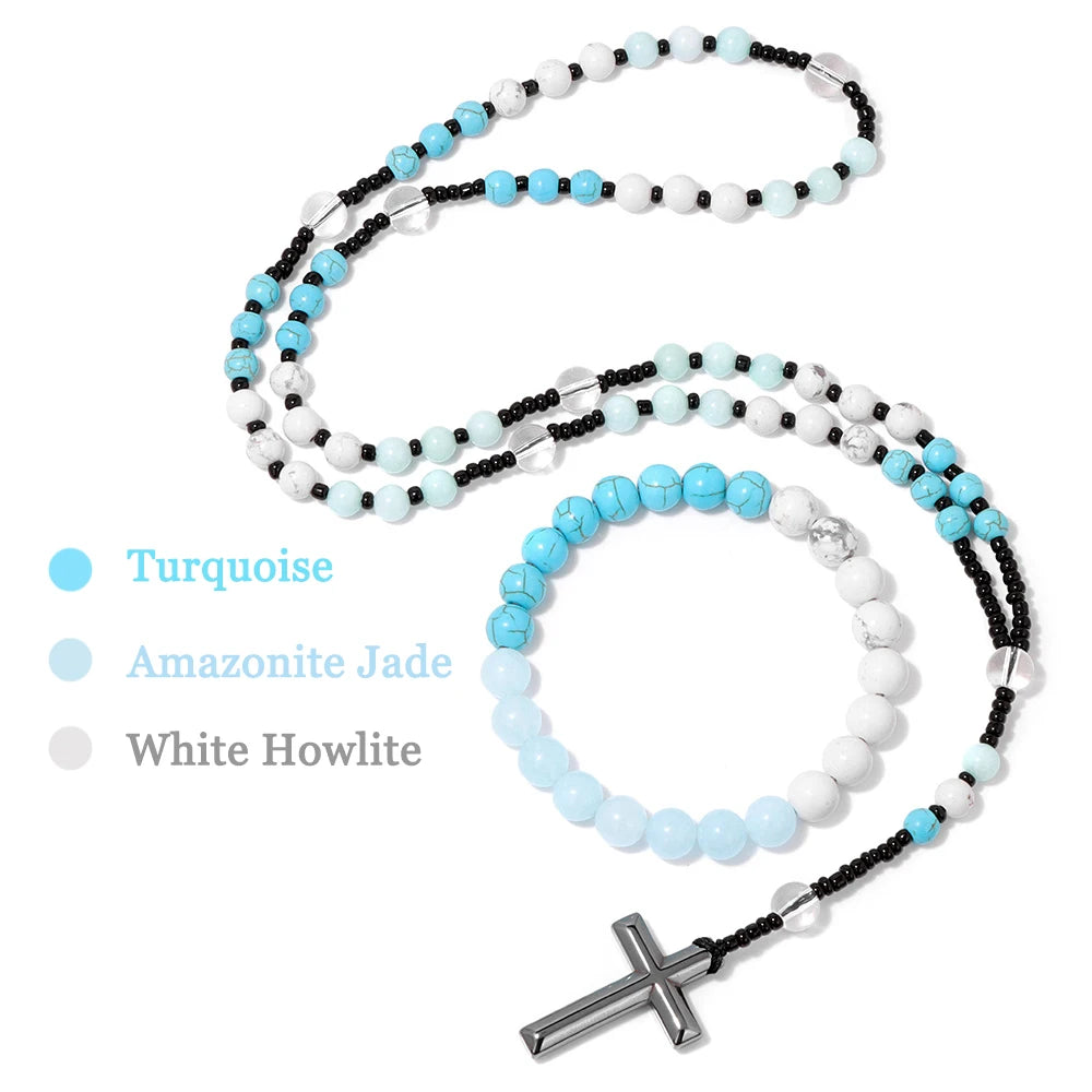 6mm Tiger Eye Rosary Beads Necklace For Women Men Catholic Jesus Christ Virgin Mary Pendant Knotted Long Chain Religious Jewelry