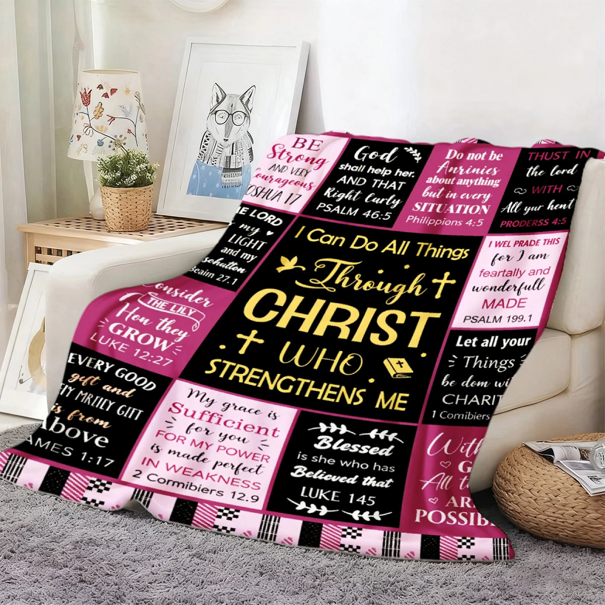 1pc Christian Inspirational Bible Verse Print Blanket Black White Scripture Throw with Faith-Based Phrases, 280gsm Soft PolyesterFlannel All Season Bedspread for Bed, Sofa, Living Room Contemporary Religious for Home Decor in