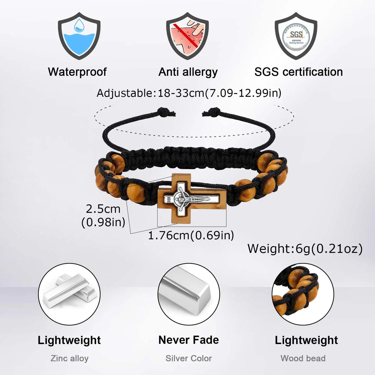 Crucifix Cross Beaded Bracelets for Men, Brown Wooden Bead Adjustable Woven Rosary Wristband,Religous Jewelry Gift for Dad Son