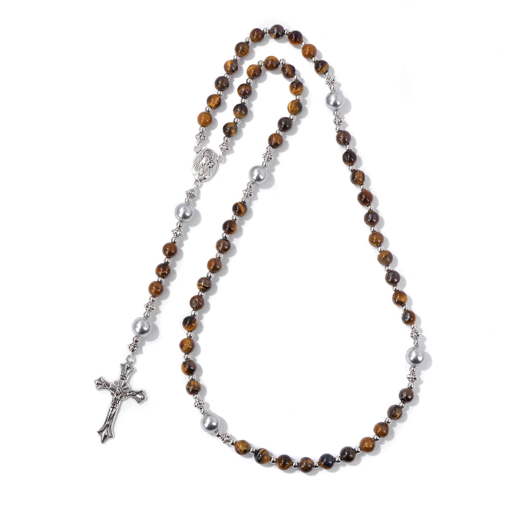 6mm Tiger Eye Rosary Beads Necklace For Women Men Catholic Jesus Christ Virgin Mary Pendant Knotted Long Chain Religious Jewelry