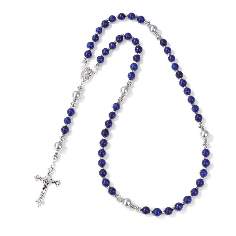 6mm Tiger Eye Rosary Beads Necklace For Women Men Catholic Jesus Christ Virgin Mary Pendant Knotted Long Chain Religious Jewelry