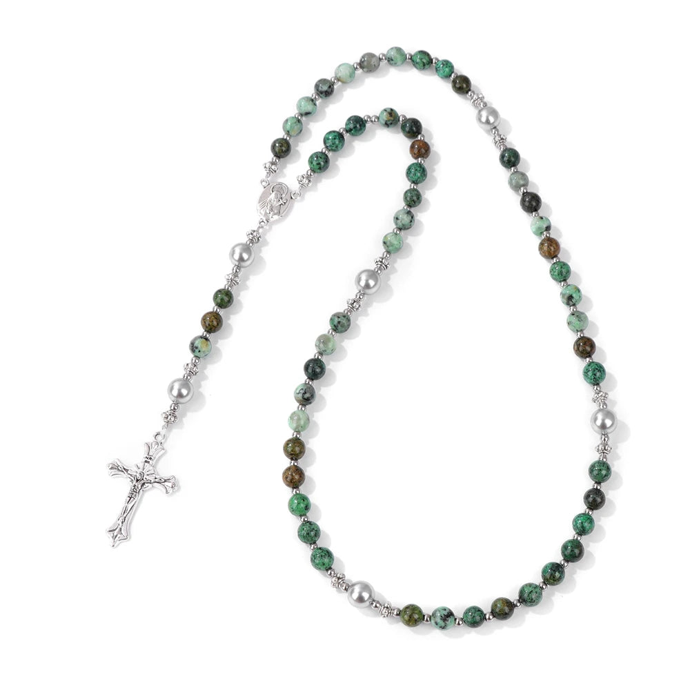 6mm Tiger Eye Rosary Beads Necklace For Women Men Catholic Jesus Christ Virgin Mary Pendant Knotted Long Chain Religious Jewelry