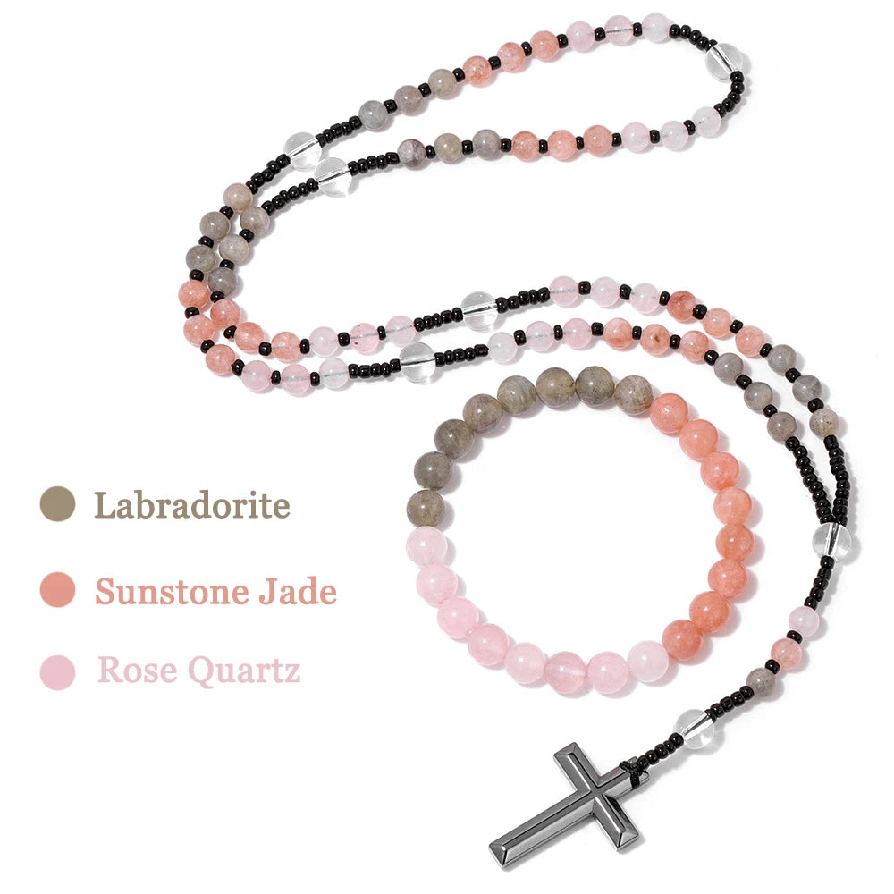 6mm Tiger Eye Rosary Beads Necklace For Women Men Catholic Jesus Christ Virgin Mary Pendant Knotted Long Chain Religious Jewelry