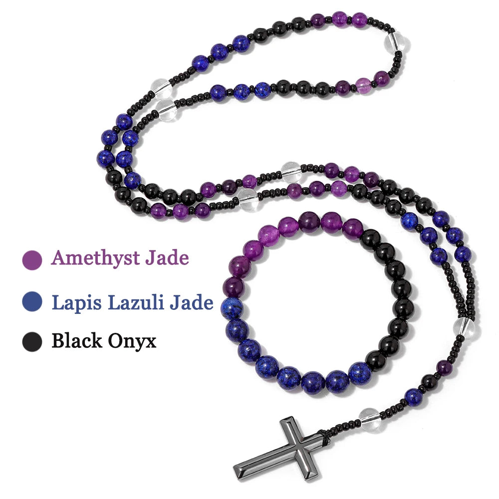 6mm Tiger Eye Rosary Beads Necklace For Women Men Catholic Jesus Christ Virgin Mary Pendant Knotted Long Chain Religious Jewelry