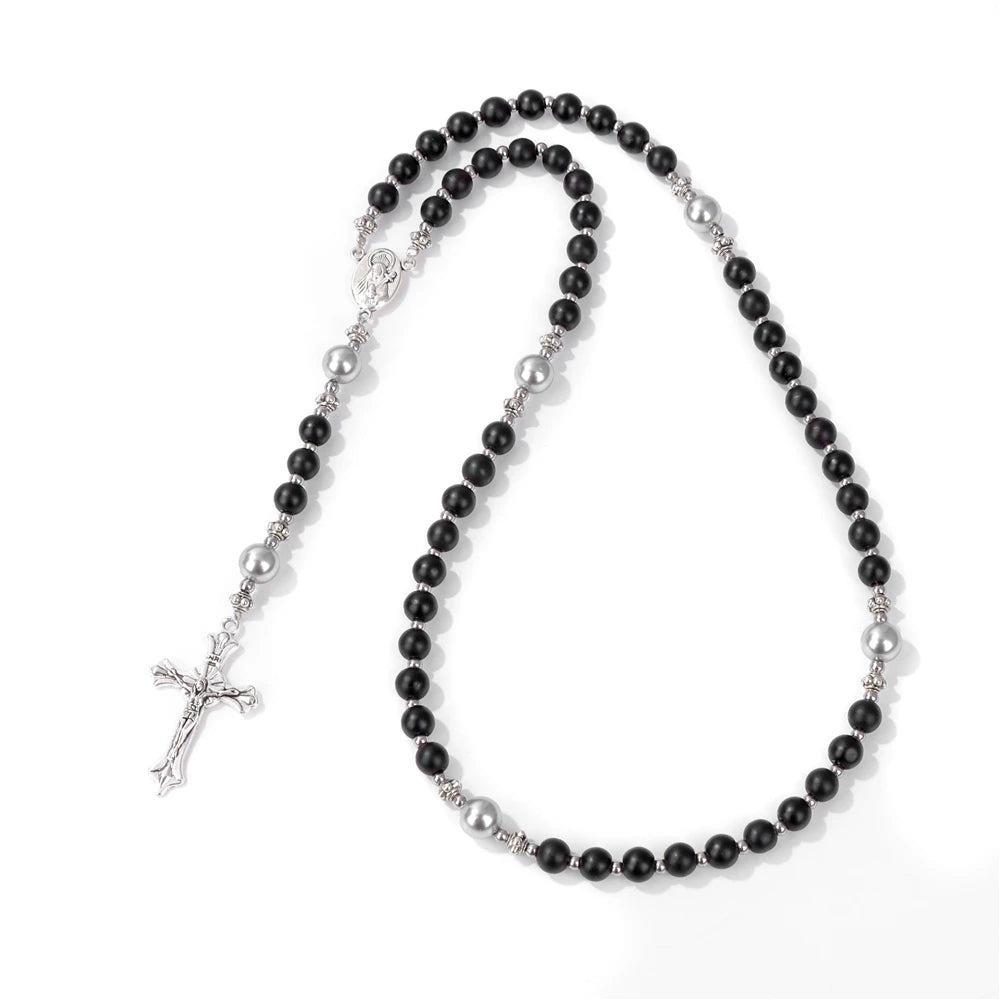 6mm Tiger Eye Rosary Beads Necklace For Women Men Catholic Jesus Christ Virgin Mary Pendant Knotted Long Chain Religious Jewelry
