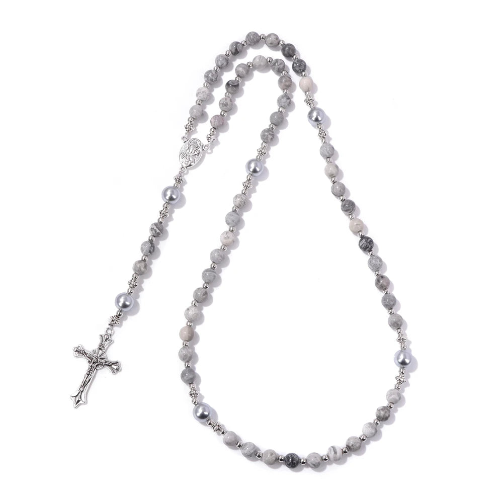 6mm Tiger Eye Rosary Beads Necklace For Women Men Catholic Jesus Christ Virgin Mary Pendant Knotted Long Chain Religious Jewelry