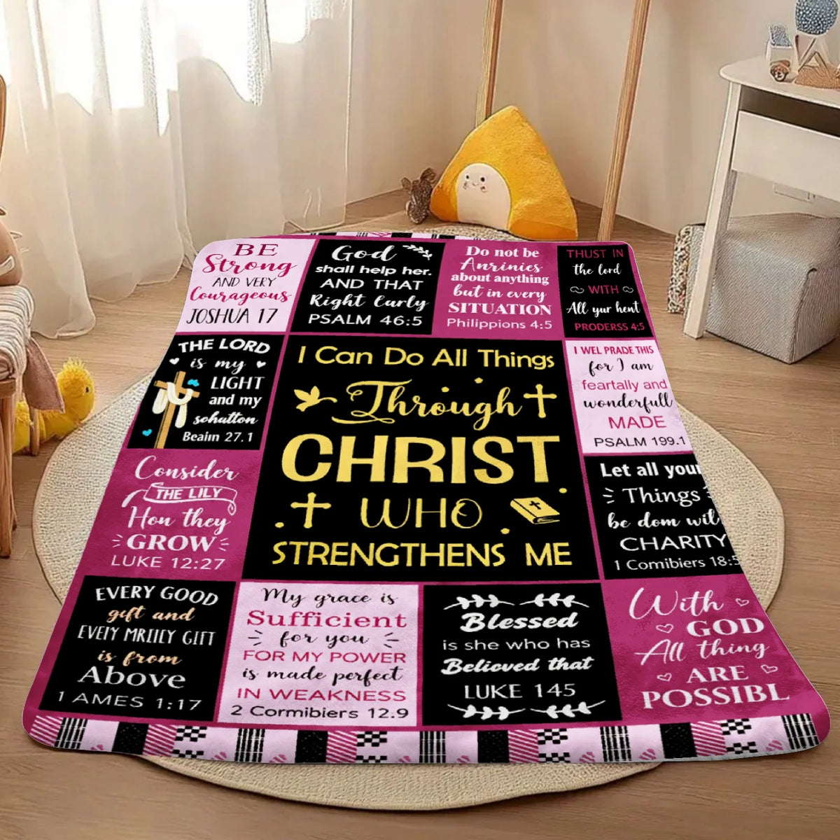 1pc Christian Inspirational Bible Verse Print Blanket Black White Scripture Throw with Faith-Based Phrases, 280gsm Soft PolyesterFlannel All Season Bedspread for Bed, Sofa, Living Room Contemporary Religious for Home Decor in