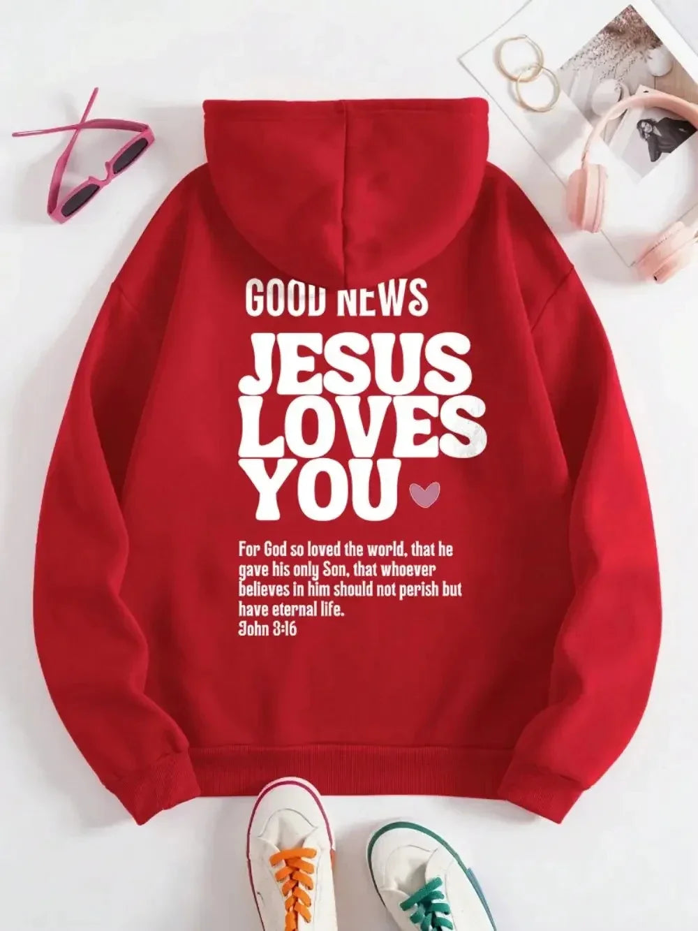 A new Christian-style casual pure cotton hooded sweatshirt with the theme of Jesus loving you, featuring redemption and love