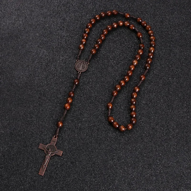 Rosewood Rosary Cross Necklace