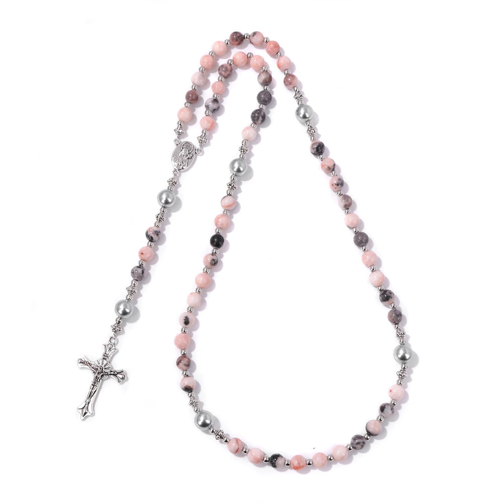 6mm Tiger Eye Rosary Beads Necklace For Women Men Catholic Jesus Christ Virgin Mary Pendant Knotted Long Chain Religious Jewelry
