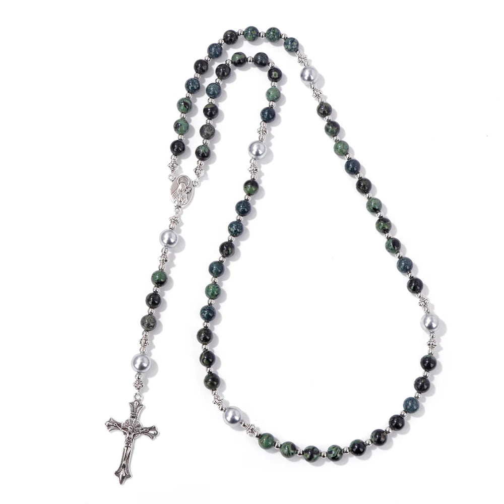 6mm Tiger Eye Rosary Beads Necklace For Women Men Catholic Jesus Christ Virgin Mary Pendant Knotted Long Chain Religious Jewelry