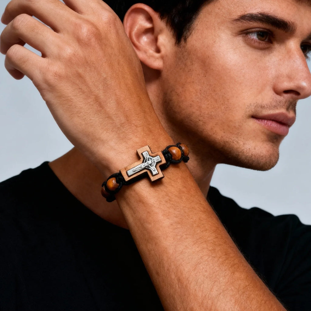 Wooden Bead Crucifix Bracelet
