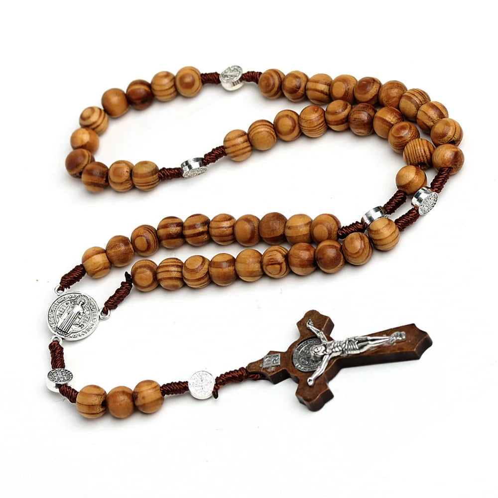 Wooden Bead Christian Cross Necklace