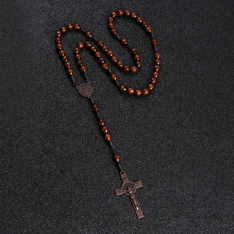 Rosewood Rosary Cross Necklace