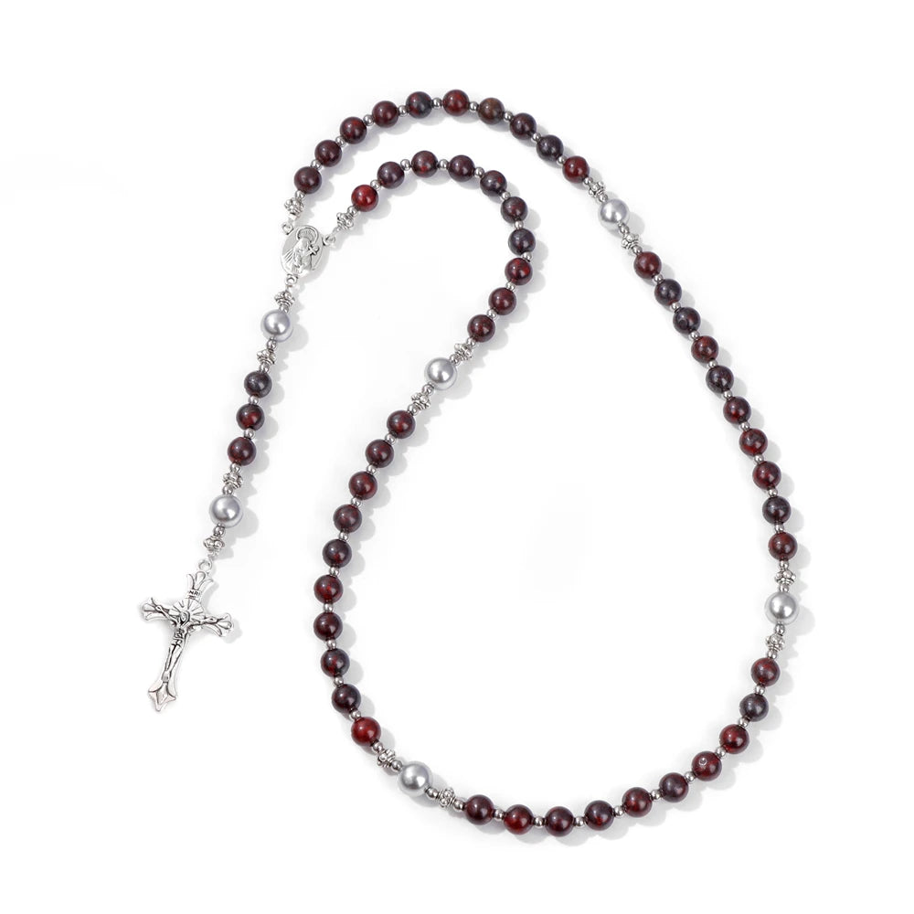 6mm Tiger Eye Rosary Beads Necklace For Women Men Catholic Jesus Christ Virgin Mary Pendant Knotted Long Chain Religious Jewelry