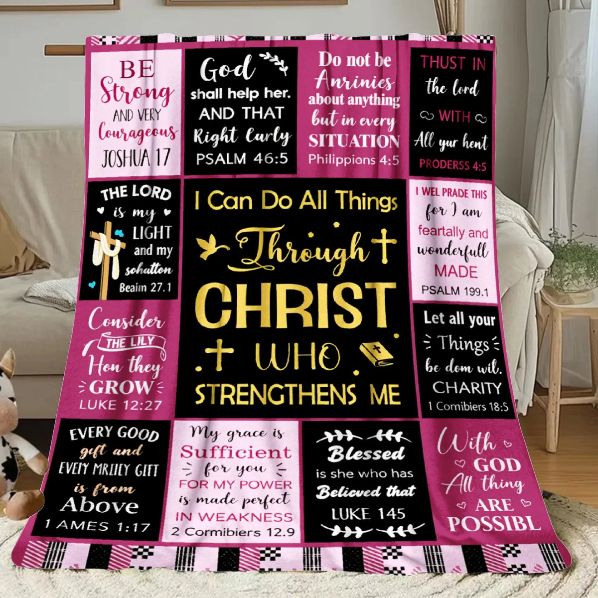 1pc Christian Inspirational Bible Verse Print Blanket Black White Scripture Throw with Faith-Based Phrases, 280gsm Soft PolyesterFlannel All Season Bedspread for Bed, Sofa, Living Room Contemporary Religious for Home Decor in