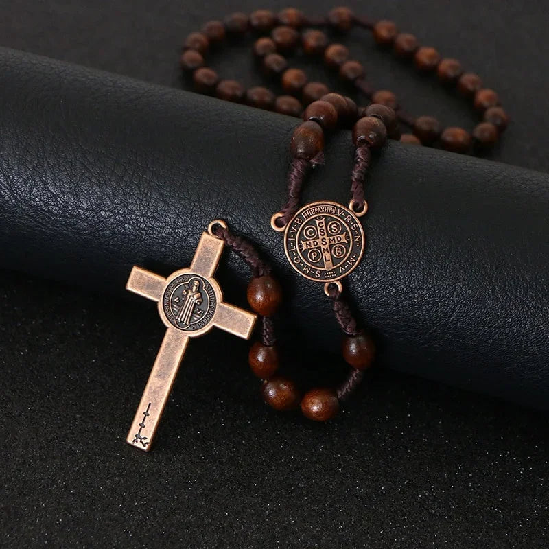 Rosewood Rosary Cross Necklace