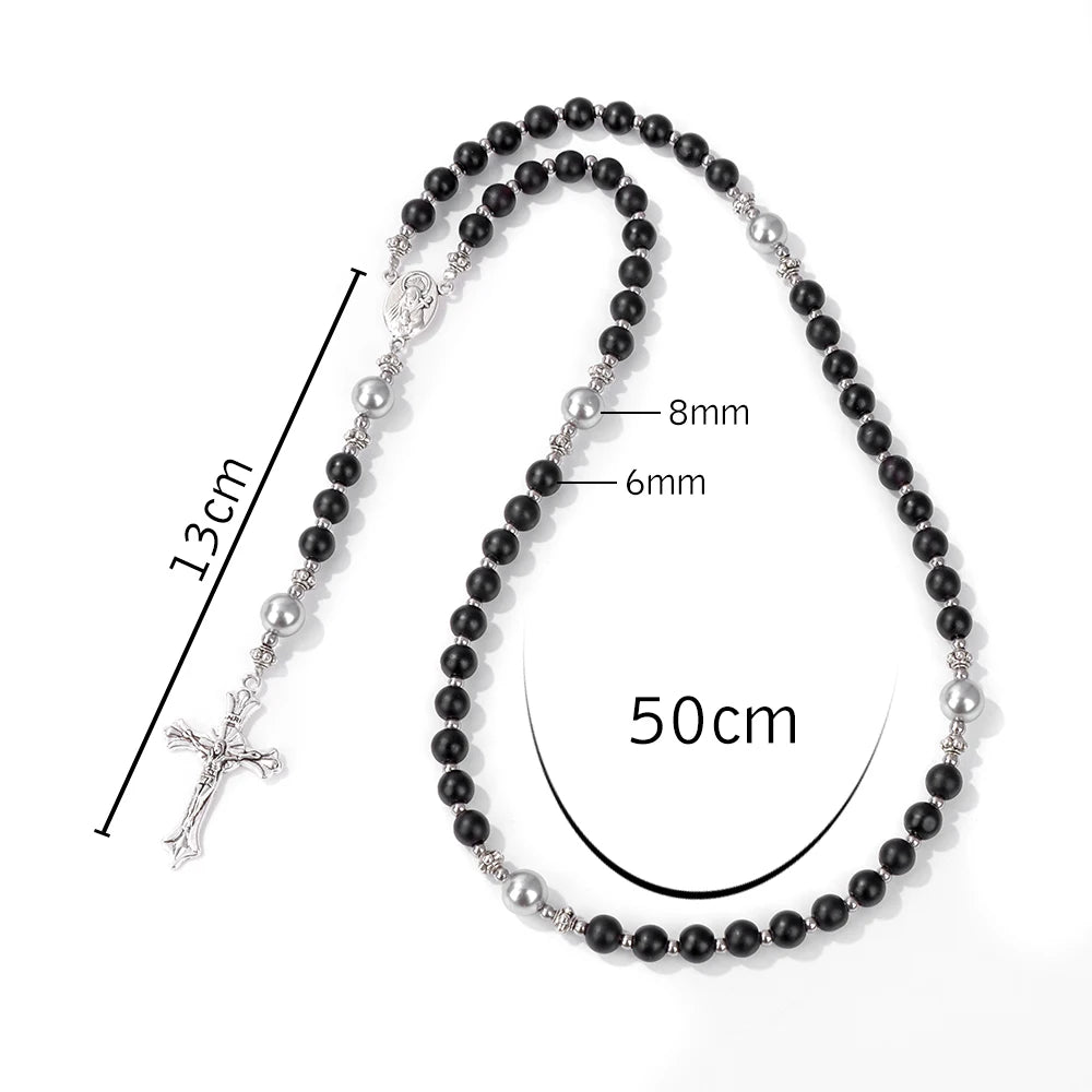 Stone Bead Rosary-Style Cross Necklace