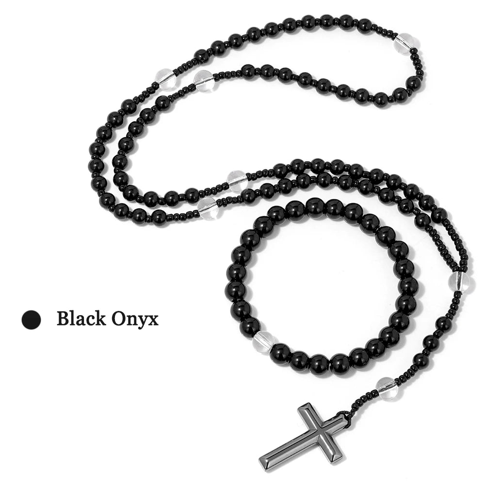 6mm Tiger Eye Rosary Beads Necklace For Women Men Catholic Jesus Christ Virgin Mary Pendant Knotted Long Chain Religious Jewelry