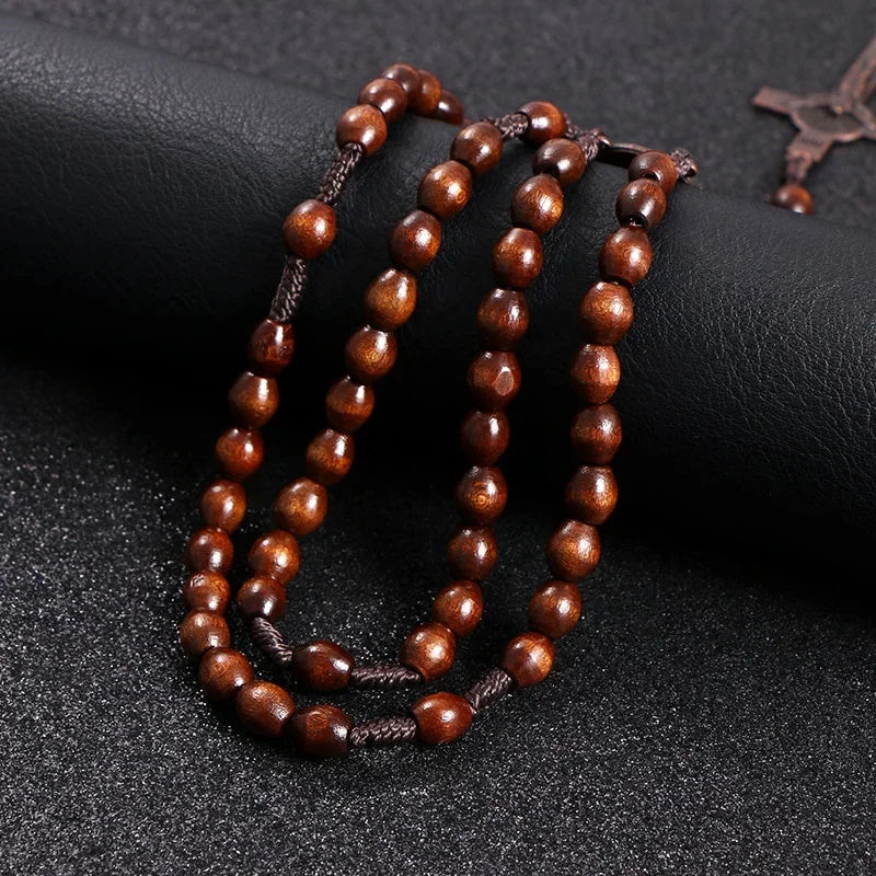 Rosewood Rosary Cross Necklace