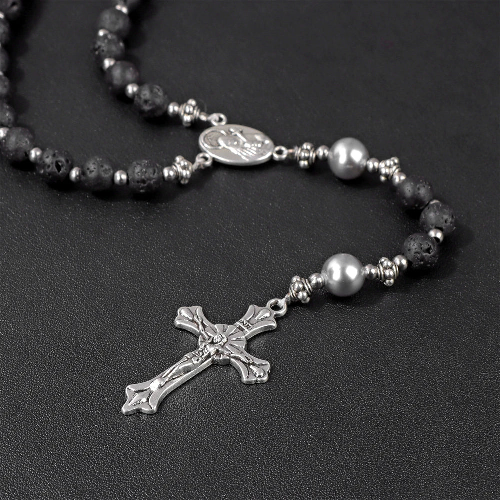 Stone Bead Rosary-Style Cross Necklace