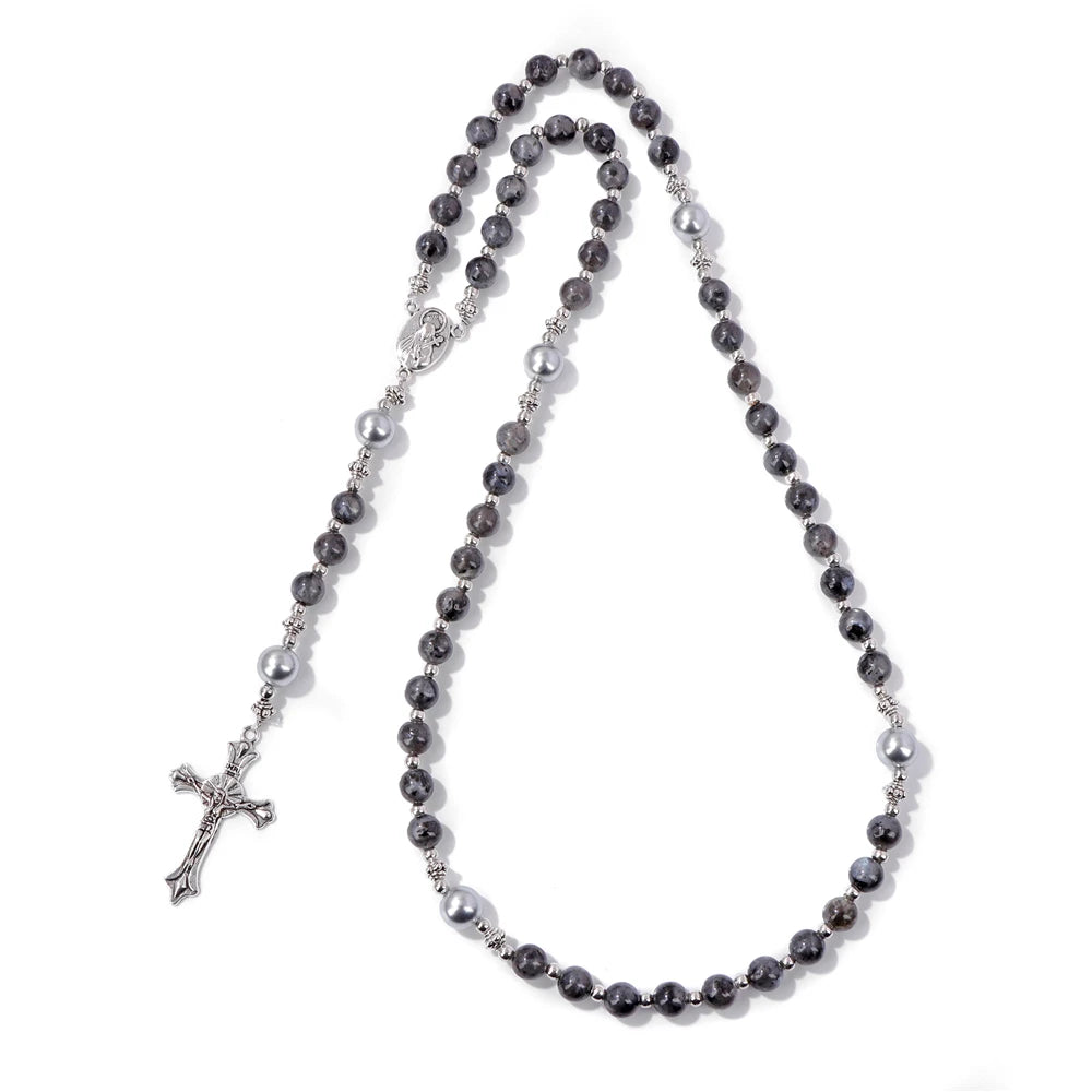 6mm Tiger Eye Rosary Beads Necklace For Women Men Catholic Jesus Christ Virgin Mary Pendant Knotted Long Chain Religious Jewelry