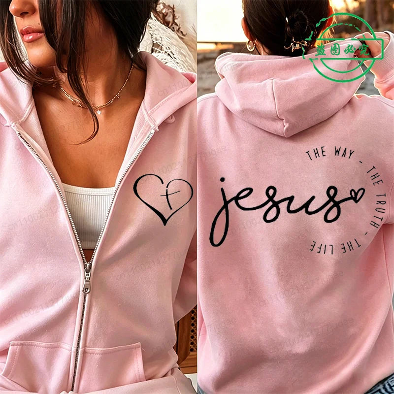 Autumn Fleece Zip Up Hoodie Jesus Print Hooded Sportwear Korean Fashion Sweatshirts Long Sleeve Top Pockets Loose Zip Hoodies
