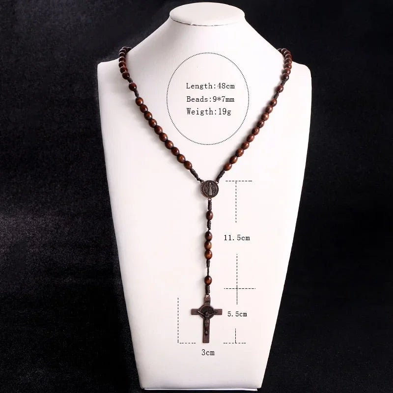 Rosewood Rosary Cross Necklace