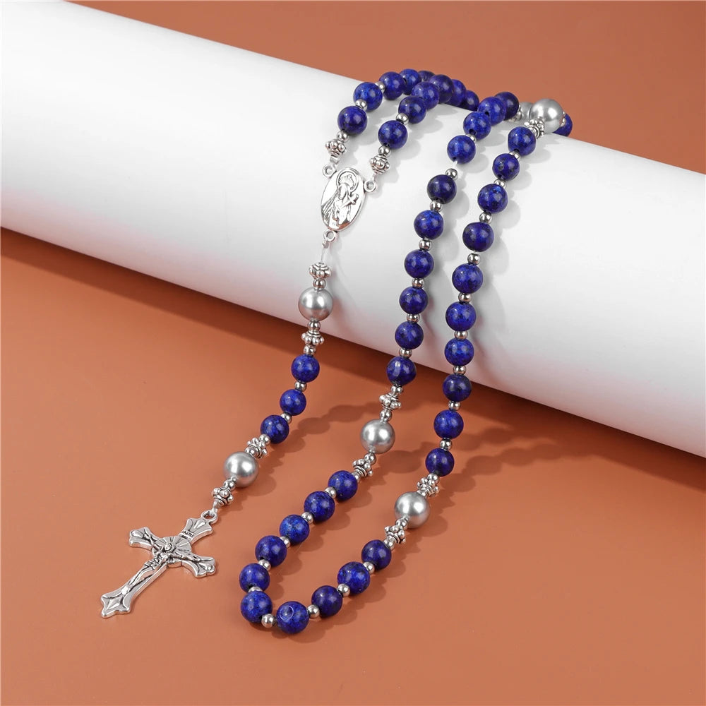 6mm Tiger Eye Rosary Beads Necklace For Women Men Catholic Jesus Christ Virgin Mary Pendant Knotted Long Chain Religious Jewelry