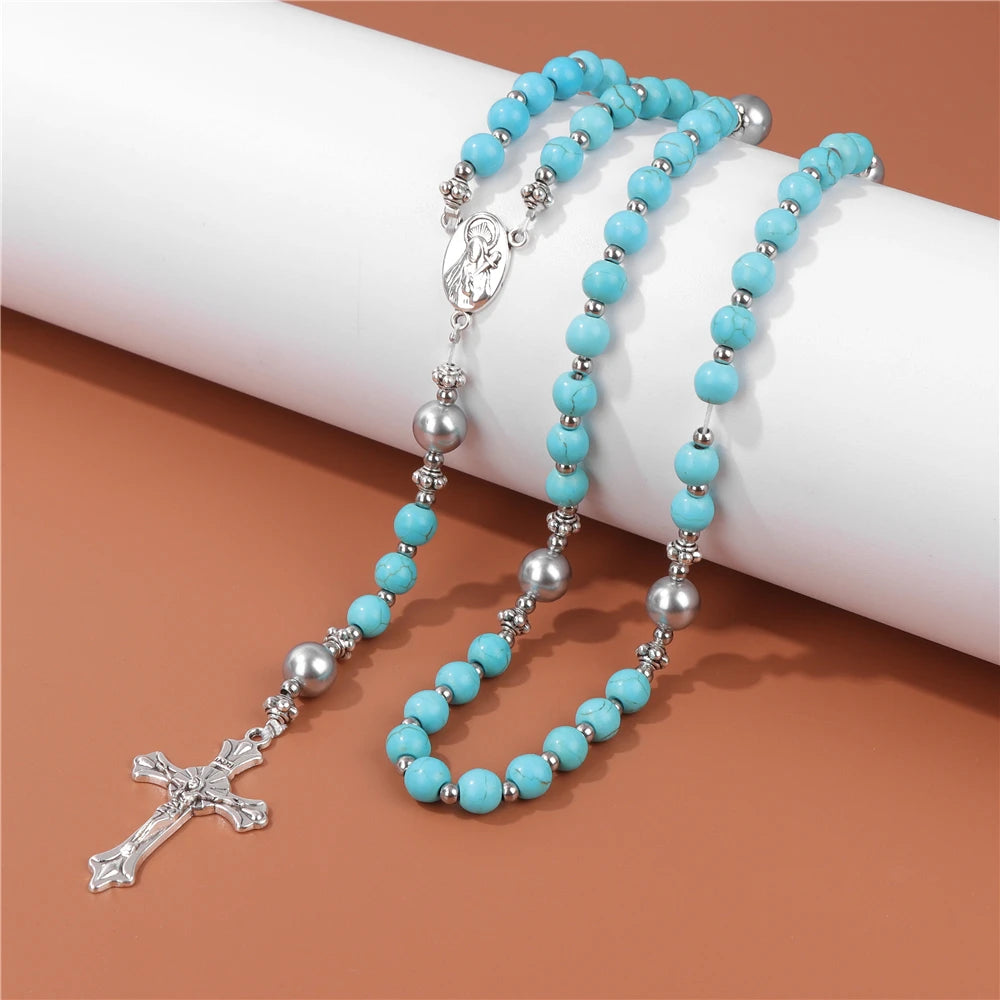6mm Tiger Eye Rosary Beads Necklace For Women Men Catholic Jesus Christ Virgin Mary Pendant Knotted Long Chain Religious Jewelry