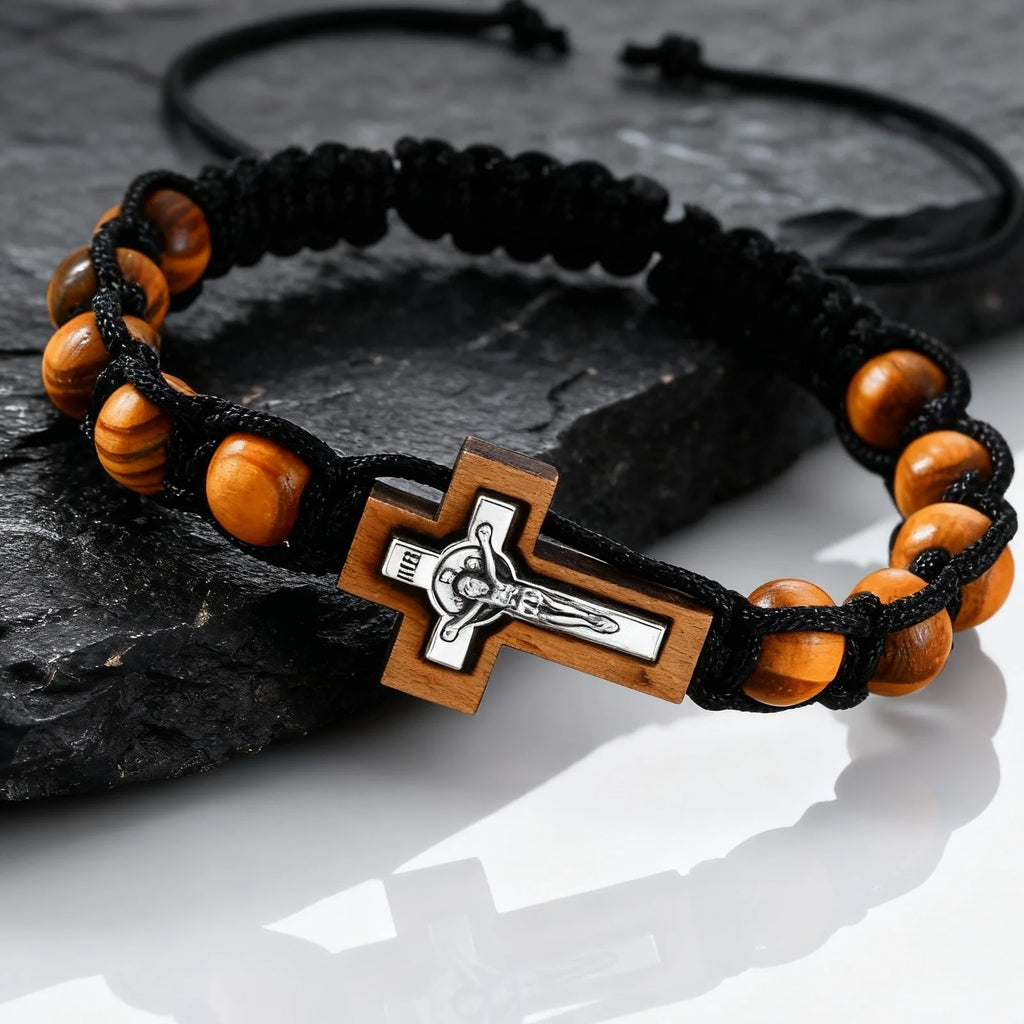 Wooden Bead Crucifix Bracelet