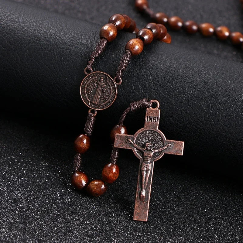 Rosewood Rosary Cross Necklace