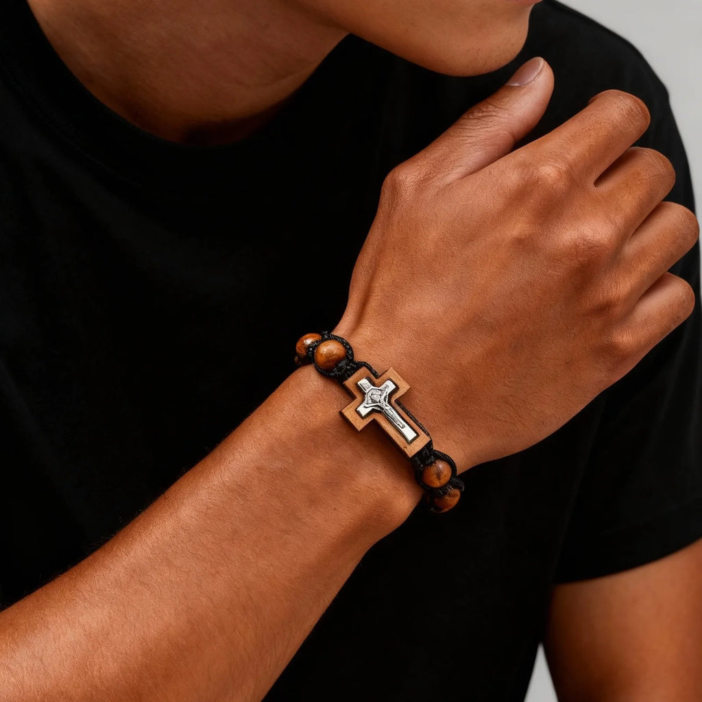 Wooden Bead Crucifix Bracelet