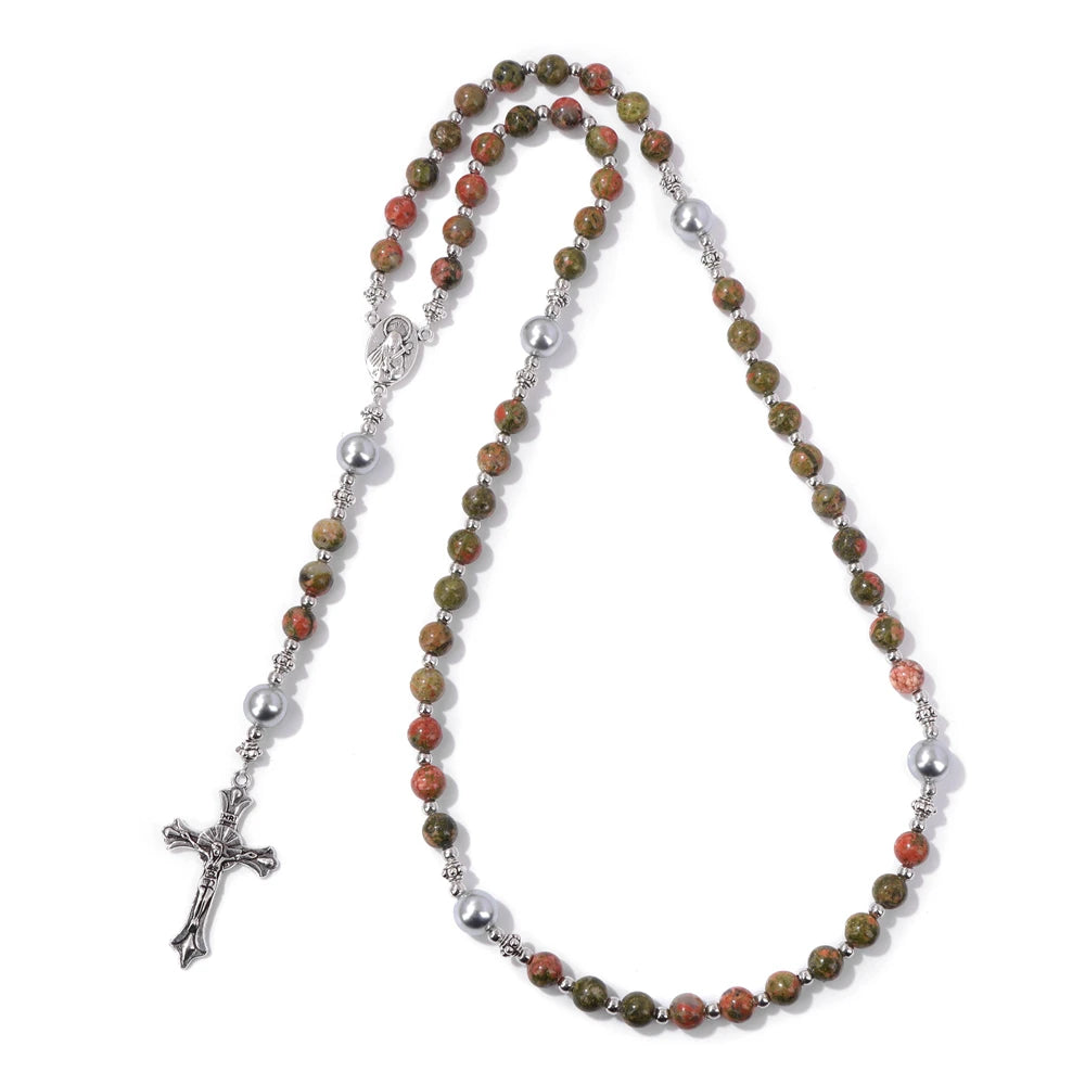 6mm Tiger Eye Rosary Beads Necklace For Women Men Catholic Jesus Christ Virgin Mary Pendant Knotted Long Chain Religious Jewelry