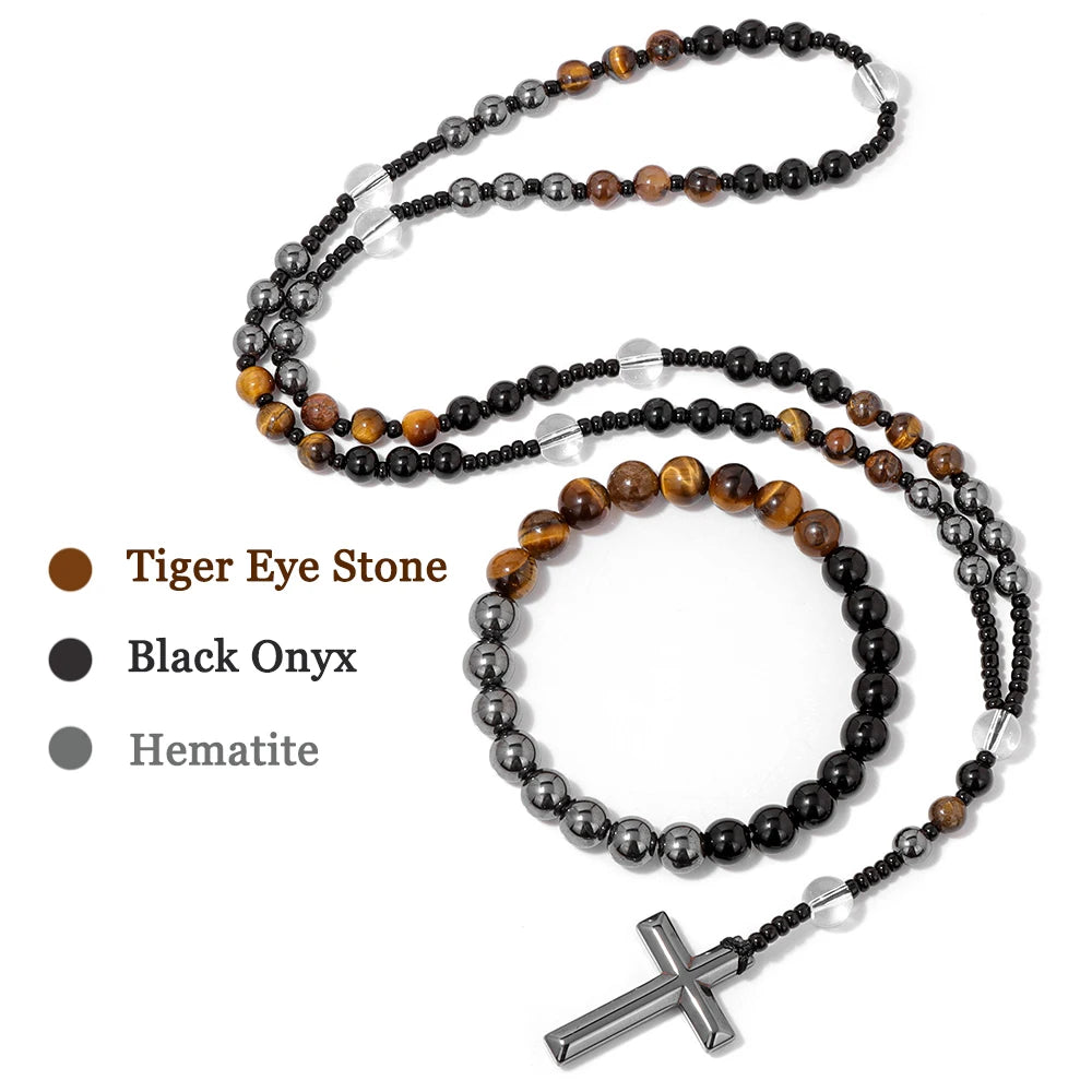 6mm Tiger Eye Rosary Beads Necklace For Women Men Catholic Jesus Christ Virgin Mary Pendant Knotted Long Chain Religious Jewelry