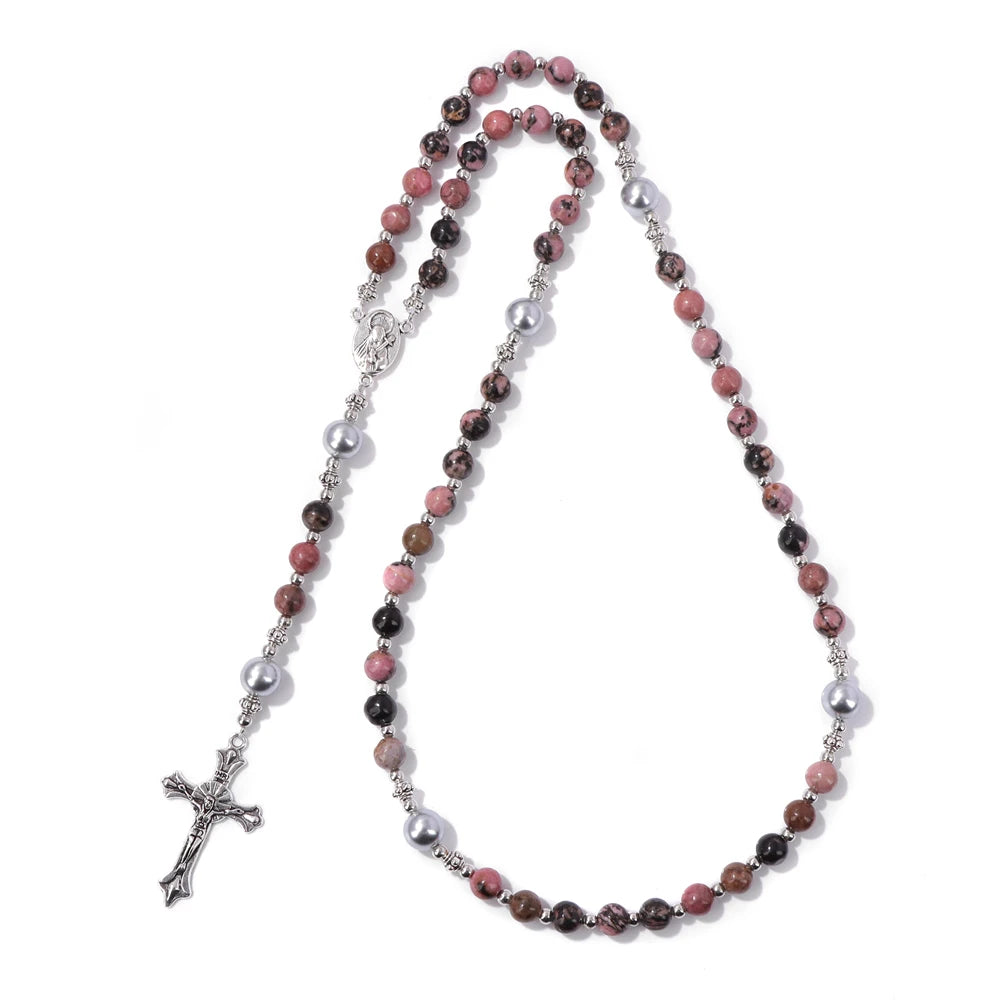 6mm Tiger Eye Rosary Beads Necklace For Women Men Catholic Jesus Christ Virgin Mary Pendant Knotted Long Chain Religious Jewelry