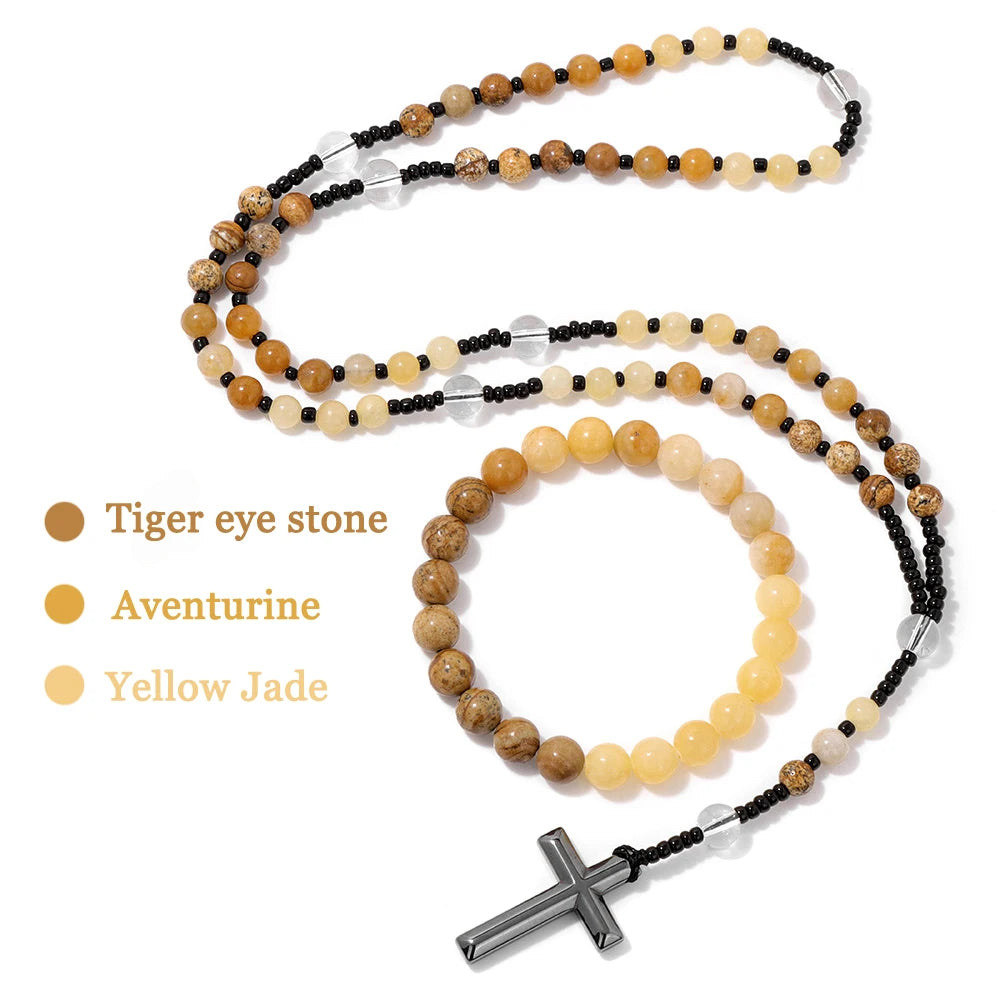 6mm Tiger Eye Rosary Beads Necklace For Women Men Catholic Jesus Christ Virgin Mary Pendant Knotted Long Chain Religious Jewelry