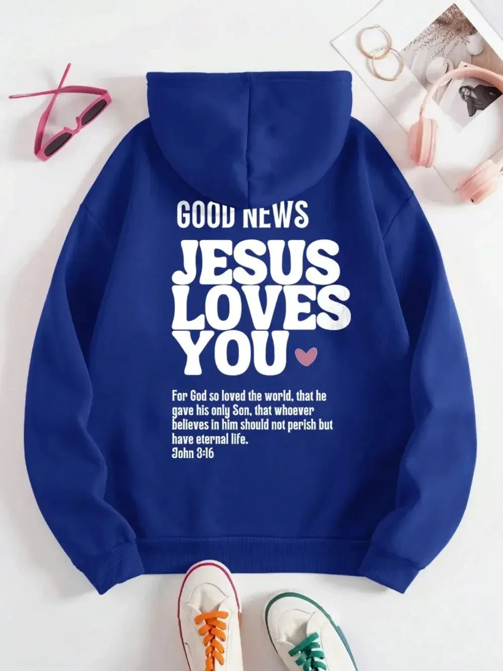 A new Christian-style casual pure cotton hooded sweatshirt with the theme of Jesus loving you, featuring redemption and love
