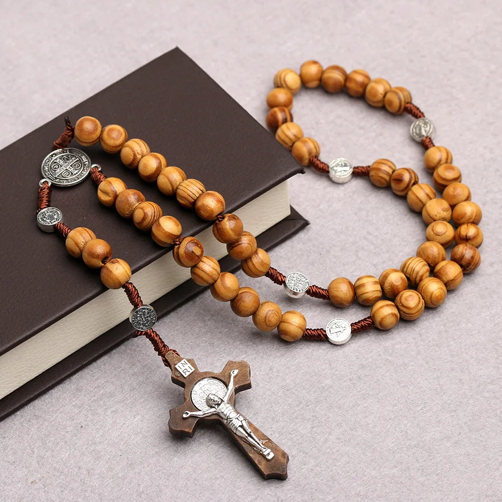 Wooden Bead Christian Cross Necklace