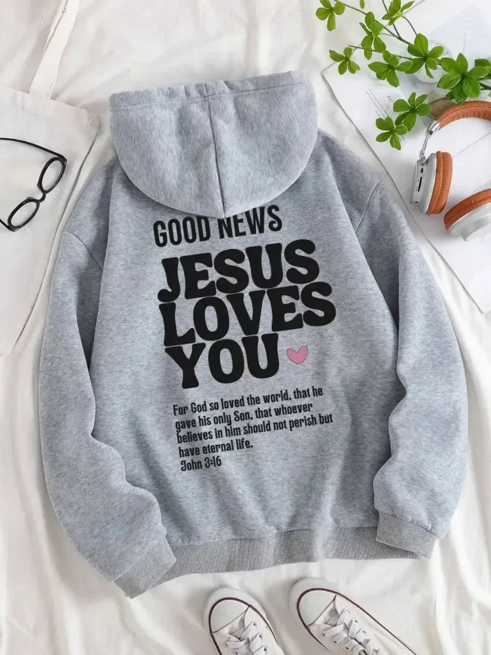 A new Christian-style casual pure cotton hooded sweatshirt with the theme of Jesus loving you, featuring redemption and love