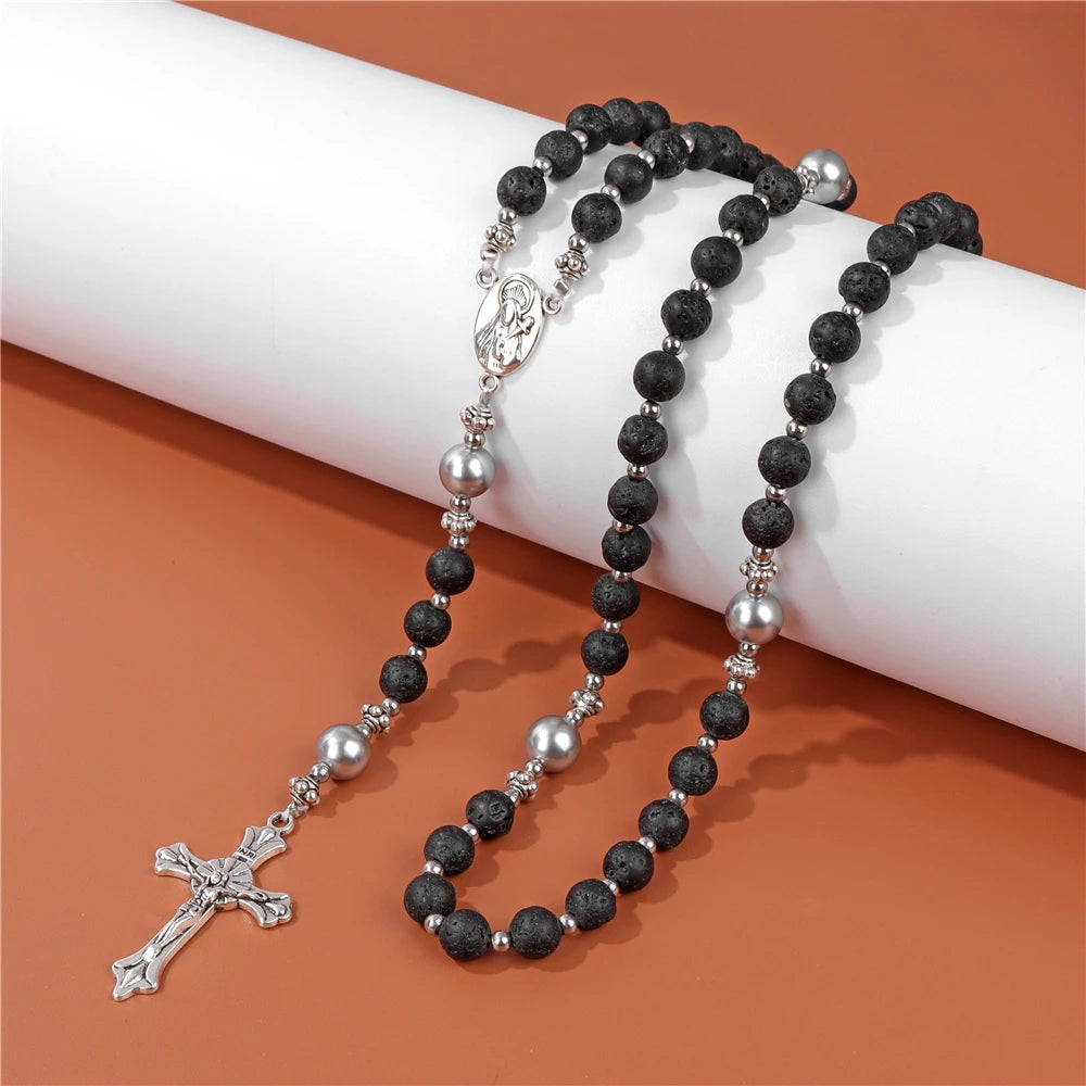 Stone Bead Rosary-Style Cross Necklace