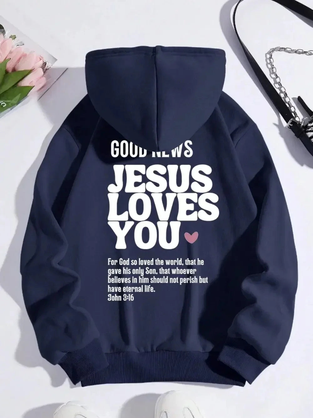 A new Christian-style casual pure cotton hooded sweatshirt with the theme of Jesus loving you, featuring redemption and love