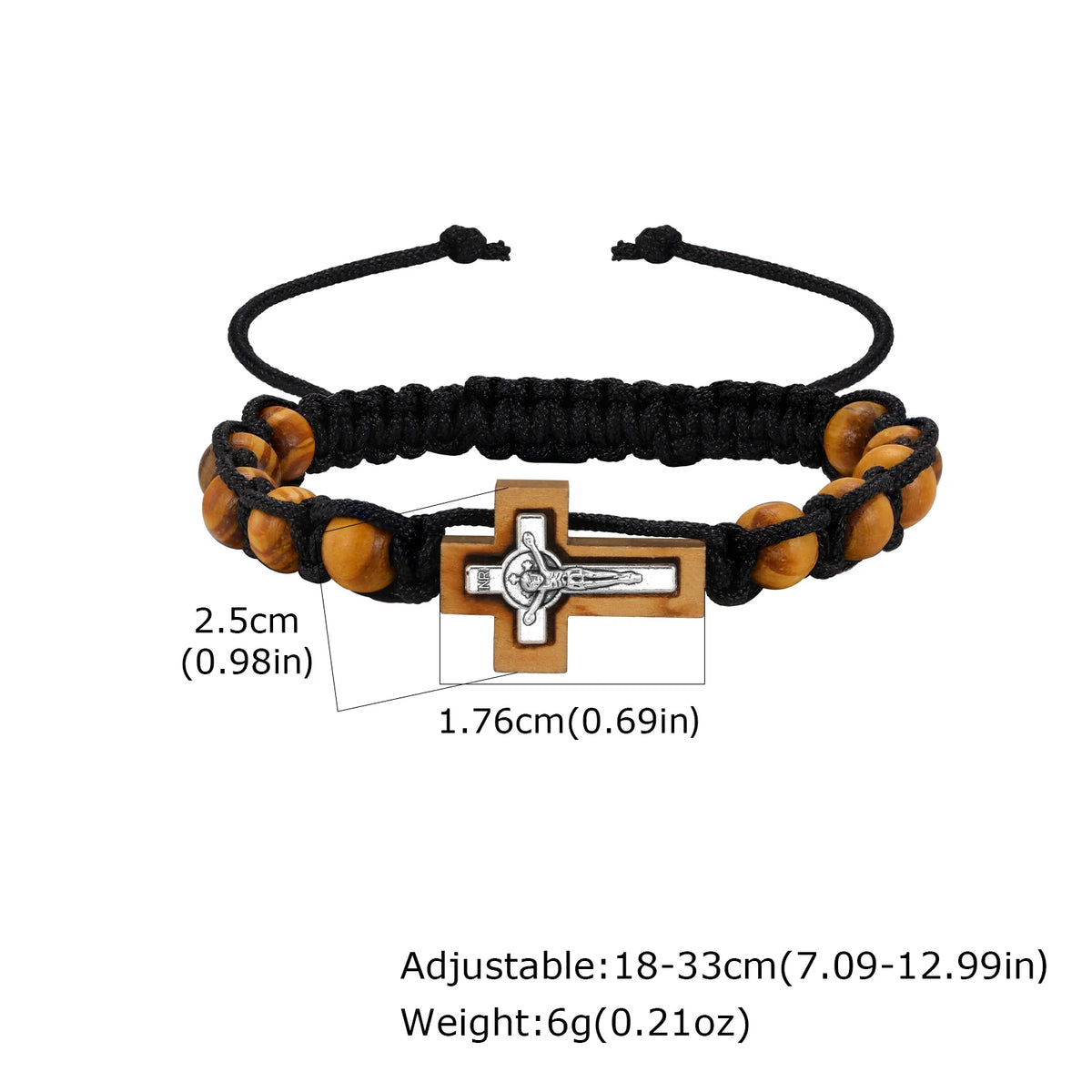 Crucifix Cross Beaded Bracelets for Men, Brown Wooden Bead Adjustable Woven Rosary Wristband,Religous Jewelry Gift for Dad Son