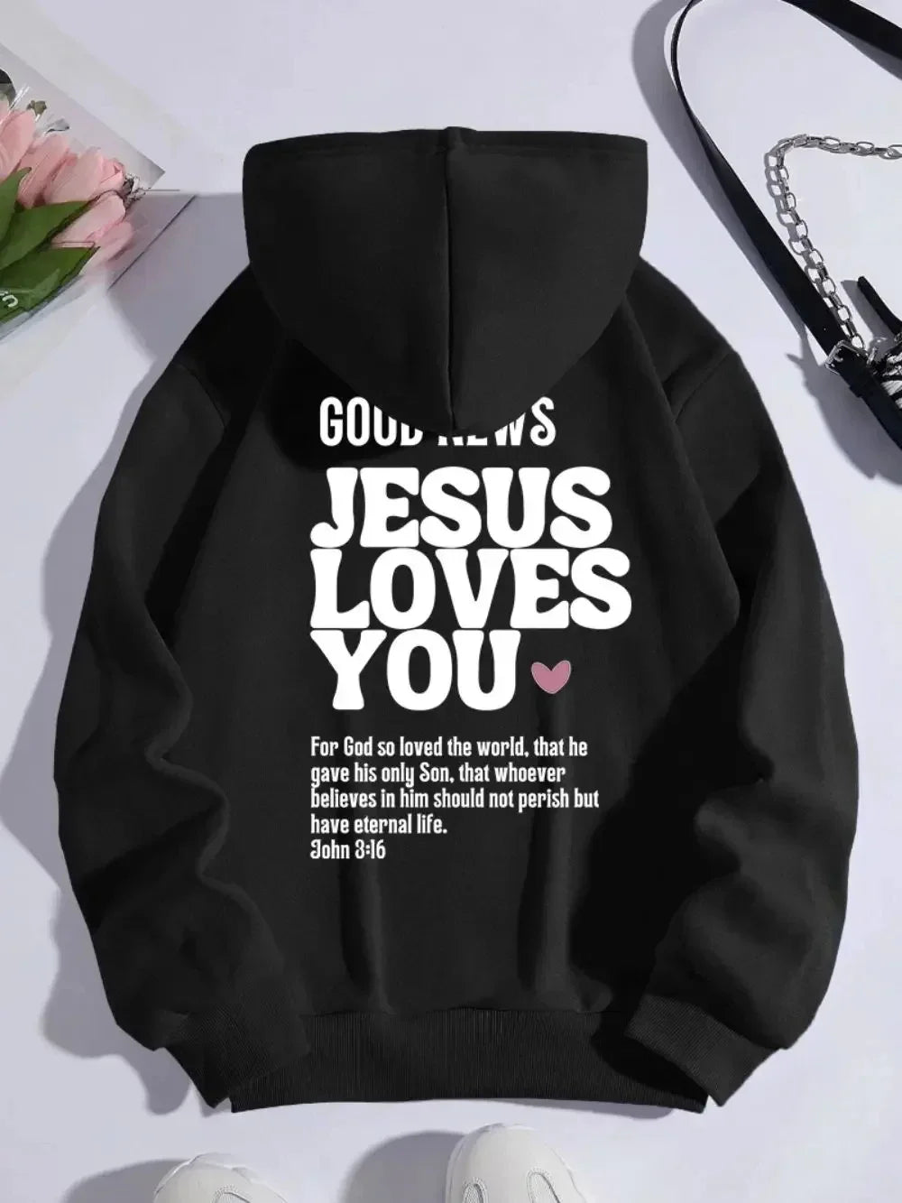 A new Christian-style casual pure cotton hooded sweatshirt with the theme of Jesus loving you, featuring redemption and love