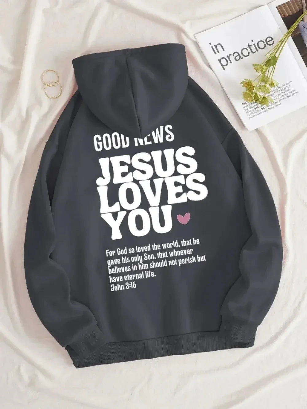 A new Christian-style casual pure cotton hooded sweatshirt with the theme of Jesus loving you, featuring redemption and love