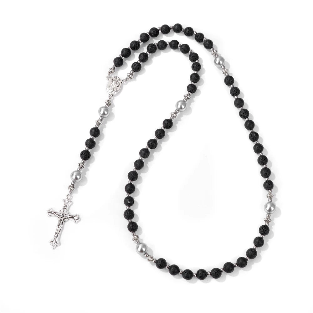 6mm Tiger Eye Rosary Beads Necklace For Women Men Catholic Jesus Christ Virgin Mary Pendant Knotted Long Chain Religious Jewelry