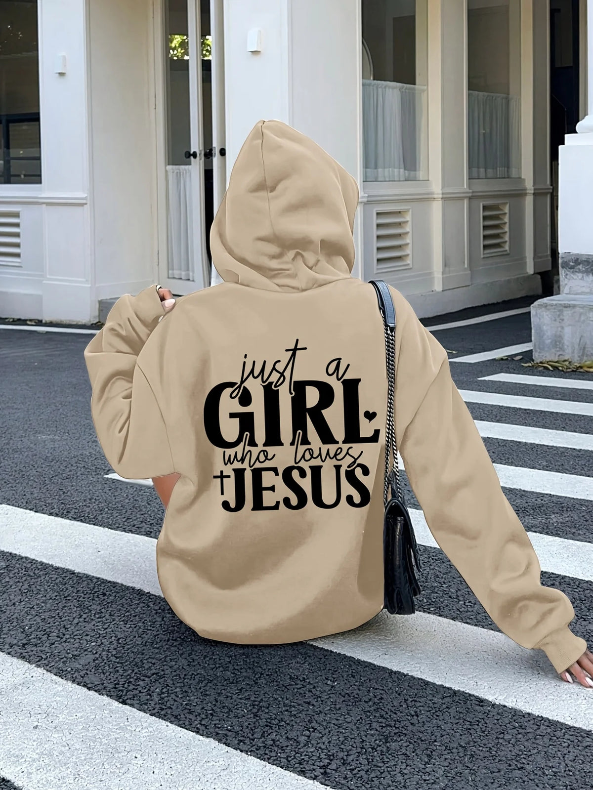 Just A Who Jesus Hooded Pullover with Alphabet Print Kangaroo Pocket Sweatshirt for Minimalist Harajuku Sleeve Aesthetic Clothes