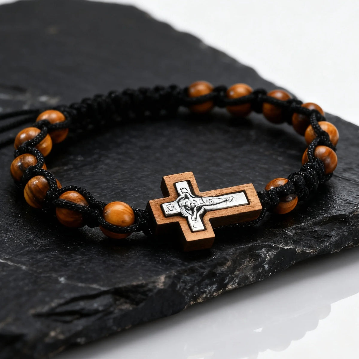 Crucifix Cross Beaded Bracelets for Men, Brown Wooden Bead Adjustable Woven Rosary Wristband,Religous Jewelry Gift for Dad Son